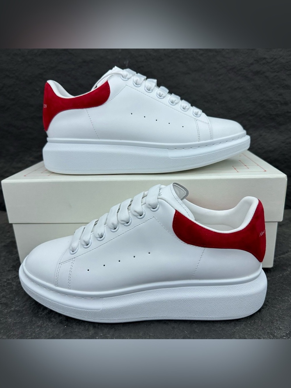Alexander McQueen White Leather Platform Sneakers with Red Heel Tab